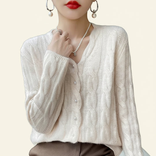 Women's Pearl-Button V-Neck Twisted Knit Cardigan sweater by Yeha Maison, featuring pearl buttons and a V-neck design.