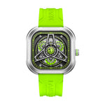 Men's square skeleton dial quartz watch by Yeha Maison, featuring a sleek design and visible internal mechanics.