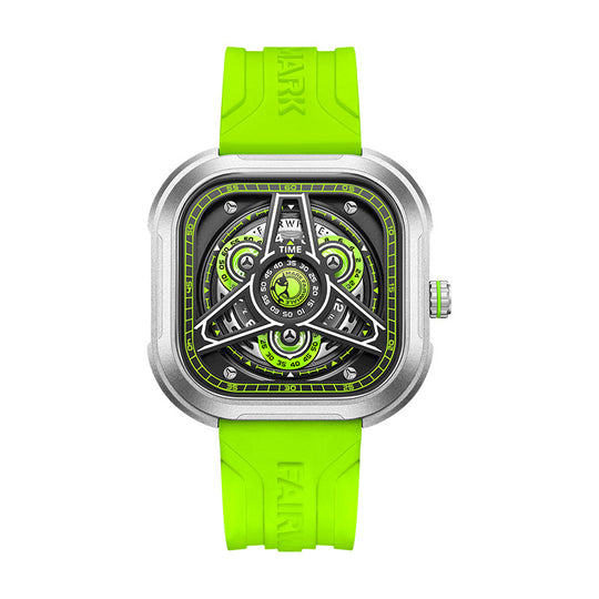 Men's square skeleton dial quartz watch by Yeha Maison, featuring a sleek design and visible internal mechanics.