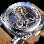 Men's Skeleton Hollow Automatic Mechanical Watch by Yeha Maison showing intricate dial and metal bracelet.