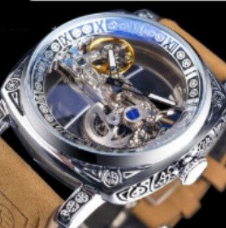 Men's Skeleton Hollow Automatic Mechanical Watch by Yeha Maison showing intricate dial and metal bracelet.
