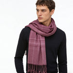 Fuchsia colour block yarn-dyed fashion scarf by Yeha Maison featuring vibrant, soft woven fabric with geometric color blocks.