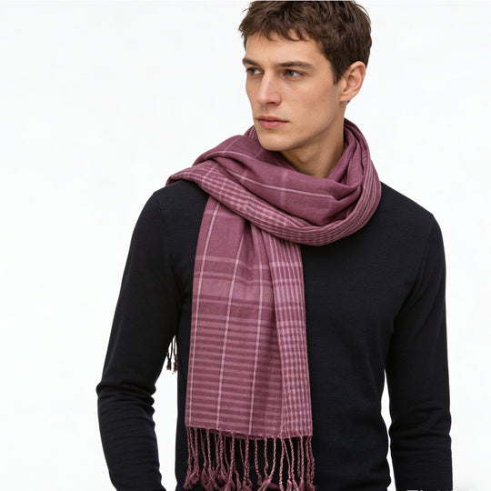 Fuchsia colour block yarn-dyed fashion scarf by Yeha Maison featuring vibrant, soft woven fabric with geometric color blocks.