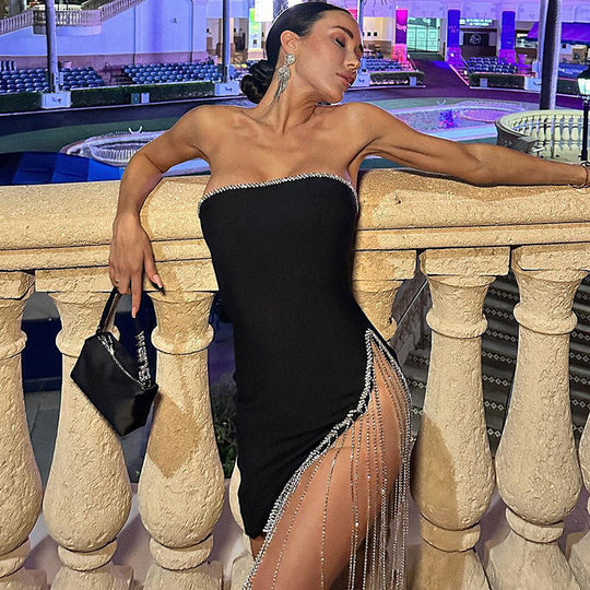 Women's tassel slit panel party dress by Yeha Maison, featuring a stylish design with tassels and a slit for an elegant look.