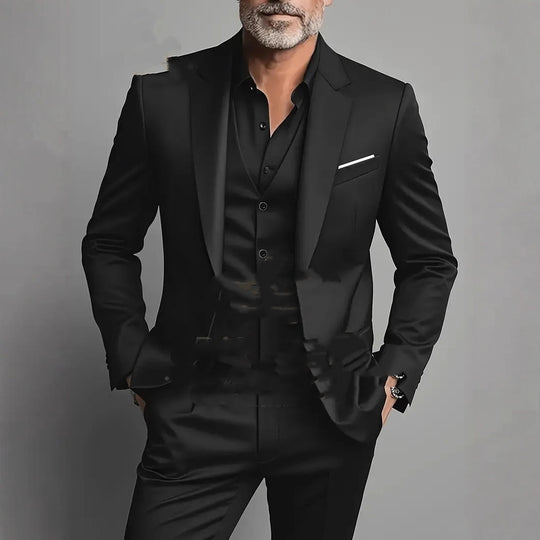 Men's slim-fit three-piece business suit by Yeha Maison, featuring a tailored jacket, vest, and matching trousers.