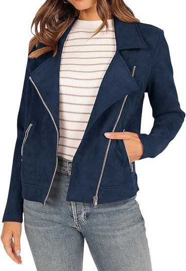 Women's deerskin suede moto jacket with zip pockets, stylish and fitted from Yeha Maison, featuring a classic motorcycle design.