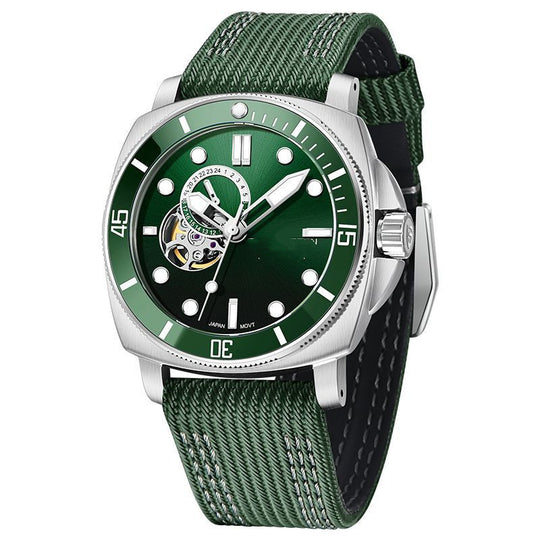 Men's open-heart diver automatic watch by Yeha Maison, showcasing a sleek dial, stainless steel case, and detailed watch face.