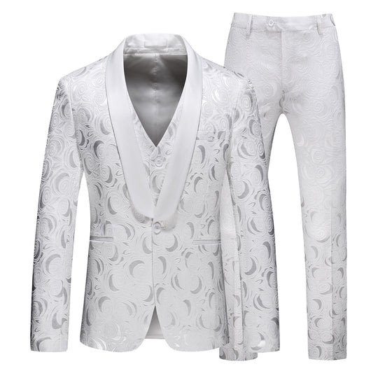 Men's slim fit linen three-piece suit by Yeha Maison, featuring tailored jacket, vest, and trousers in light linen fabric.