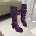 Women's suede knee-high lace-up boots by Yeha Maison with a stylish design and sturdy sole.