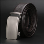 Men's brown leather dress belt with automatic buckle by Yeha Maison, featuring smooth leather and classic design.