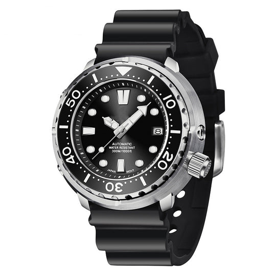 Men's Yeha Maison NH35 automatic diver's watch with black dial, stainless steel case, and rotating bezel.
