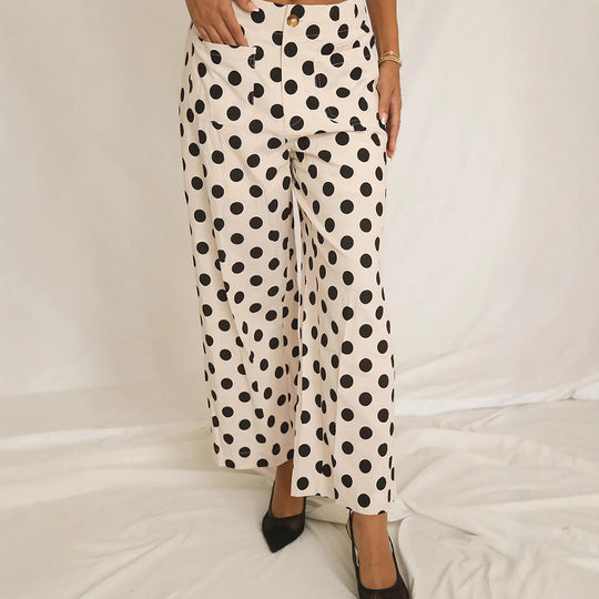 Women's high-waist polka-dot wide-leg trousers by Yeha Maison, featuring a stylish and comfortable fit with a classic polka-dot pattern.