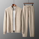 Men's wool-blend zip cardigan and drawstring trouser co-ords set by Yeha Maison, featuring a cozy knit cardigan and matching pants.