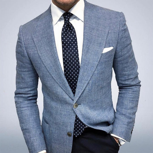 Men's slim-fit herringbone linen blazer by Yeha Maison, showing the tailored blazer with notch lapel and textured herringbone fabric.
