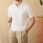 Cotton linen striped knit short-sleeve polo top by Yeha Maison, featuring a classic design and breathable fabric for casual wear.