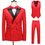 Men's white Jacquard double-breasted tuxedo three-piece suit by Yeha Maison, featuring intricate woven fabric and tailored fit.