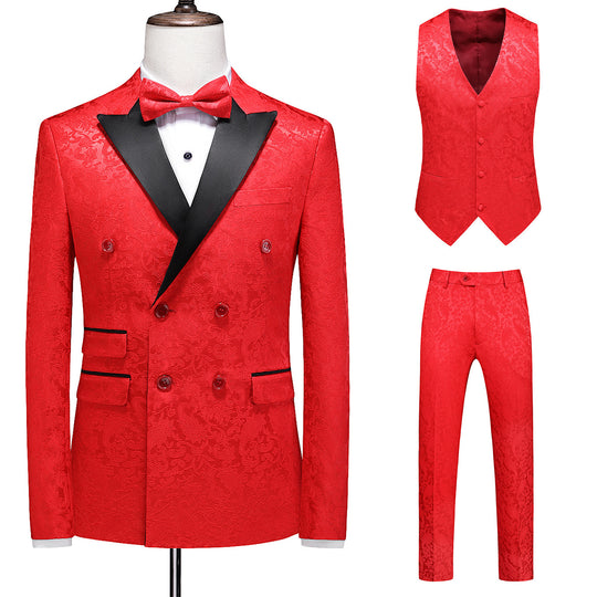 Men's white Jacquard double-breasted tuxedo three-piece suit by Yeha Maison, featuring intricate woven fabric and tailored fit.