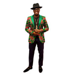 Men's Kente print satin lapel blazer by Yeha Maison, featuring vibrant African-inspired Kente fabric and tailored fit.