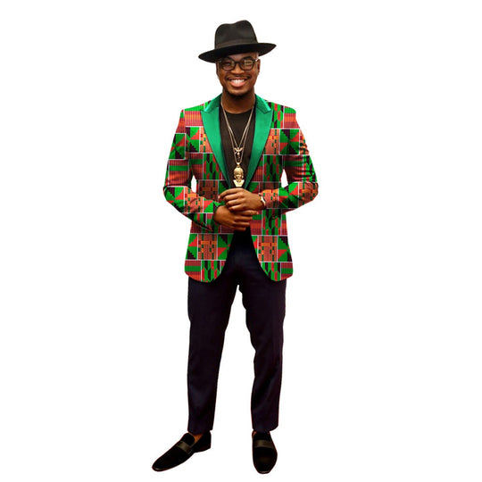 Men's Kente print satin lapel blazer by Yeha Maison, featuring vibrant African-inspired Kente fabric and tailored fit.