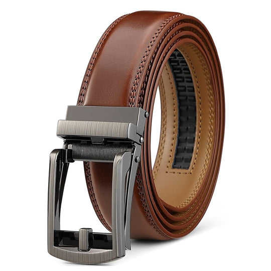 Men's tan leather belt with ratchet snap closure by Yeha Maison, showcasing adjustable buckle and smooth leather strap.