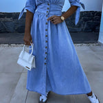 Women's washed denim button-front midi dress by Yeha Maison, featuring a classic collar, long sleeves, and a relaxed fit.