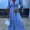 Women's washed denim button-front midi dress by Yeha Maison, featuring a classic collar, long sleeves, and a relaxed fit.