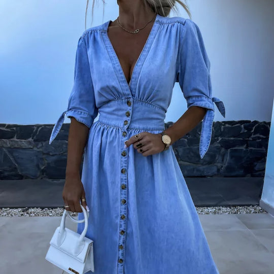 Women's washed denim button-front midi dress by Yeha Maison, featuring a classic collar, long sleeves, and a relaxed fit.