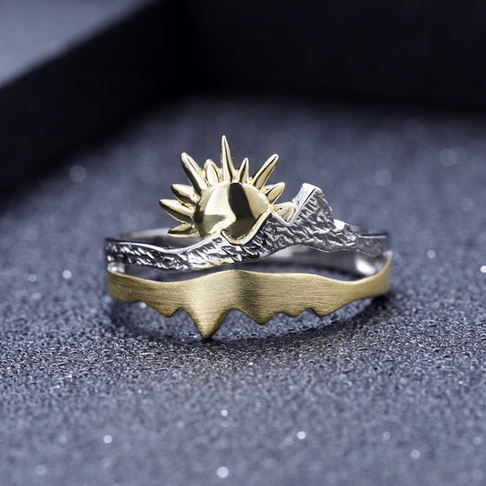 Yeha Maison Sun & Sunrise adjustable designer jewelry ring with intricate sun and sunrise motifs, crafted in stylish metal.