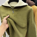 Yeha Maison thick ribbed half-zip wool-blend sweater with lapel collar, shown on a model, highlighting cozy knit texture.