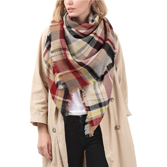 Women’s red plaid blanket scarf by Yeha Maison, 59x59 inches, featuring cozy woven fabric and classic plaid pattern.