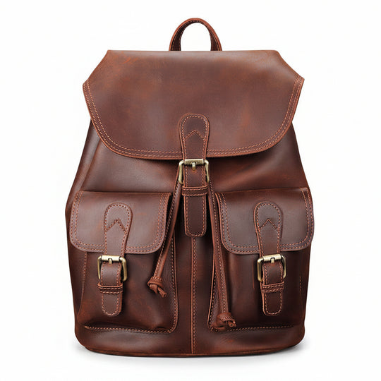 Men's full-grain leather drawstring flap backpack by Yeha Maison, featuring a stylish design and durable construction.