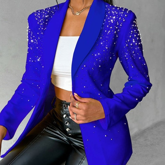 Women's rhinestone-embellished open-front blazer by Yeha Maison, featuring elegant detailing and a stylish, modern fit.