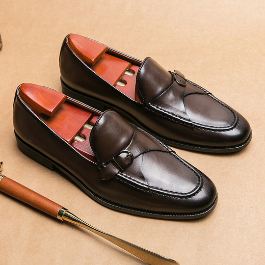 Men's burnished leather loafers with tassel buckle by Yeha Maison, showcasing stylish slip-on shoes with sleek design.