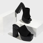 Women's satin chunky heel platform slippers by Yeha Maison with soft satin fabric and stylish, comfortable shoe design.