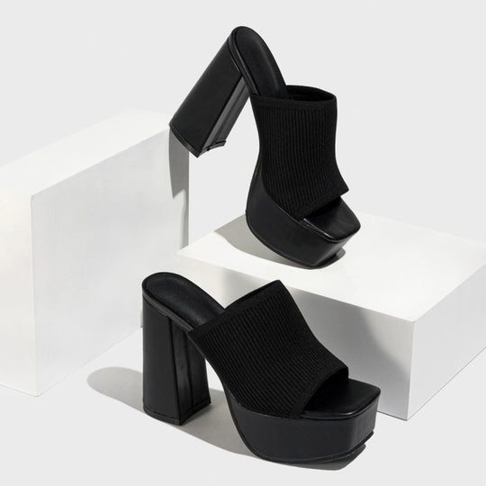 Women's satin chunky heel platform slippers by Yeha Maison with soft satin fabric and stylish, comfortable shoe design.