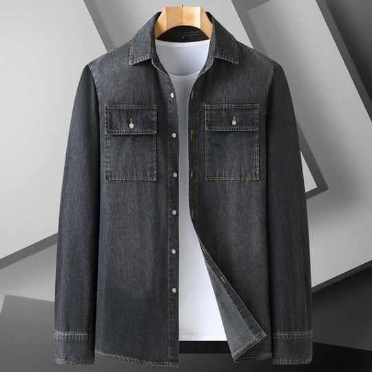 Men's combed cotton denim long sleeve shirt from Yeha Maison, showing the classic blue denim top with buttoned cuffs and collar.