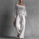 Women's open-weave knit top and wide-leg linen trouser set by Yeha Maison, stylish co-ord with relaxed fit and breathable fabric.