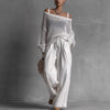 Women's open-weave knit top and wide-leg linen trouser set by Yeha Maison, stylish co-ord with relaxed fit and breathable fabric.