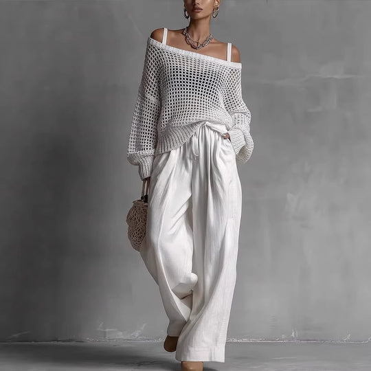 Women's open-weave knit top and wide-leg linen trouser set by Yeha Maison, stylish co-ord with relaxed fit and breathable fabric.