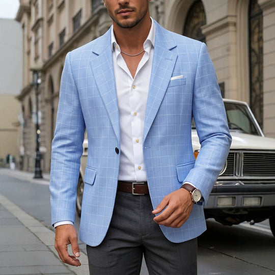 Men's Yeha Maison windowpane plaid suit blazer with structured fit and classic pattern, shown on a hanger.