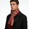 Red heavyweight jacquard weave scarf by Yeha Maison featuring intricate patterns and luxurious textured fabric.