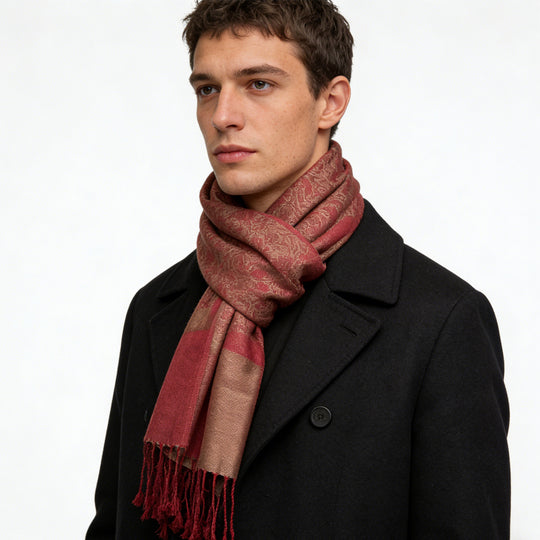 Red heavyweight jacquard weave scarf by Yeha Maison featuring intricate patterns and luxurious textured fabric.