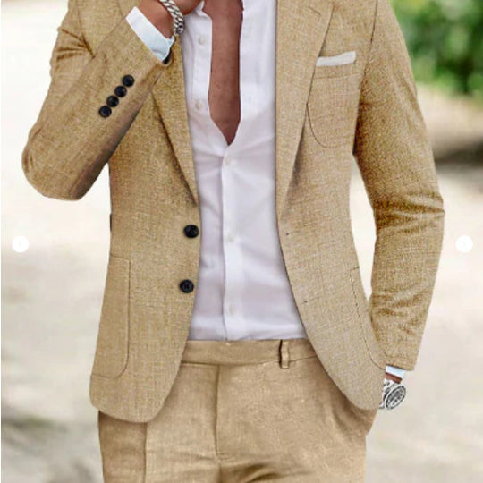 Men's textured linen two-piece suit by Yeha Maison, featuring a tailored blazer and matching trousers in a stylish, lightweight fabric.