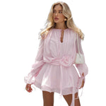 Women's 3D rose-tie bell-sleeve mini dress by Yeha Maison with floral details and bell sleeves, shown on a model.
