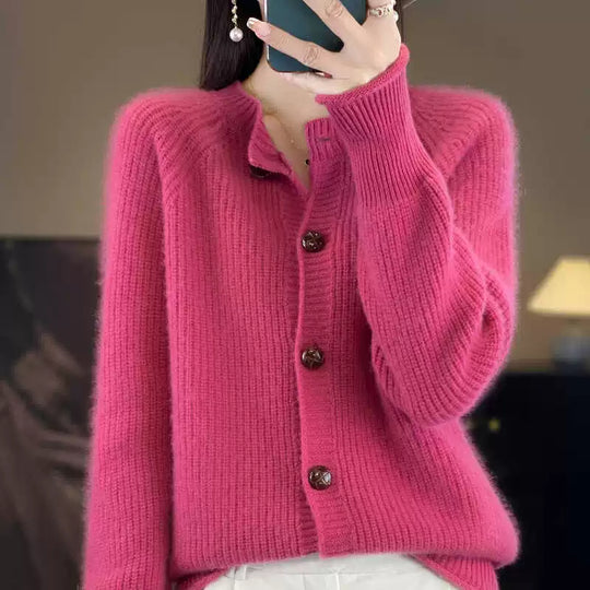 Women's thickened cashmere crew-neck cardigan by Yeha Maison, knitted knitwear with a cozy, warm fit and classic design.