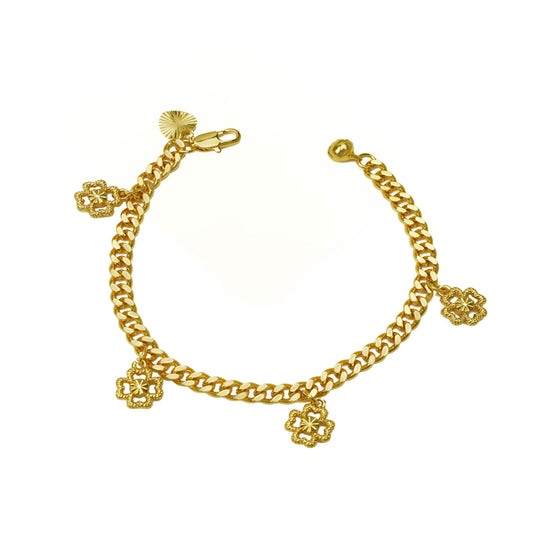 24K gold filled four-leaf clover bracelet from Yeha Maison featuring a delicate jewelry design with four-leaf clover charms.