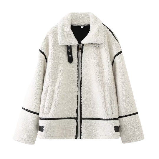 Women's Lambswool Contrast-Trim Zip Jacket by Yeha Maison, featuring a cozy wool fabric with stylish contrast trim and a front zipper.