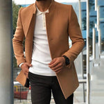 Men's slim single-breasted stand collar coat by Yeha Maison, shown in dark fabric, tailored fit with sleek design.