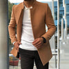 Men's slim single-breasted stand collar coat by Yeha Maison, shown in dark fabric, tailored fit with sleek design.