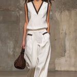 Women's linen-look tank and wide-leg trousers set by Yeha Maison with contrast trim and V-neck design, perfect for casual wear